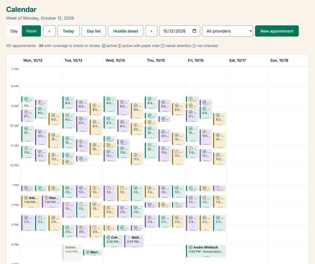 The Ellery Health calendar in its week view, Monday to Sunday, with every provider's visits in colour and a coverage mark on each visit that is still booked.