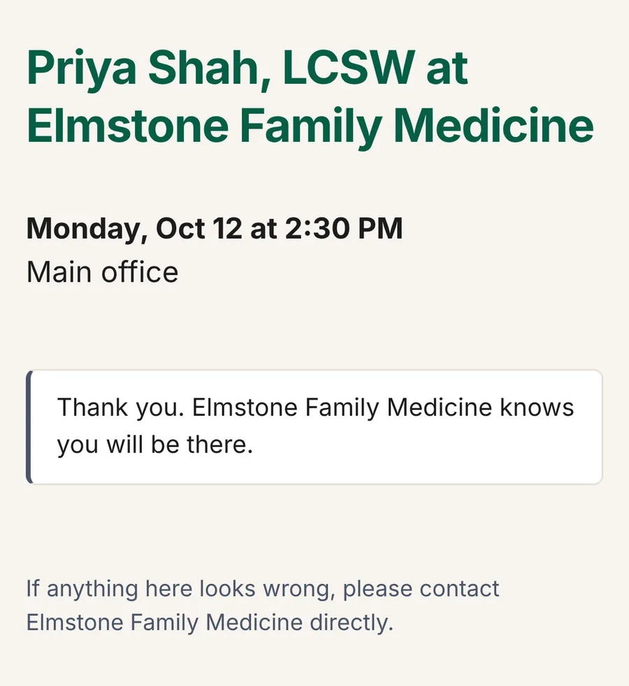 The page after the patient confirms. It reads: Thank you. Elmstone Family Medicine knows you will be there.