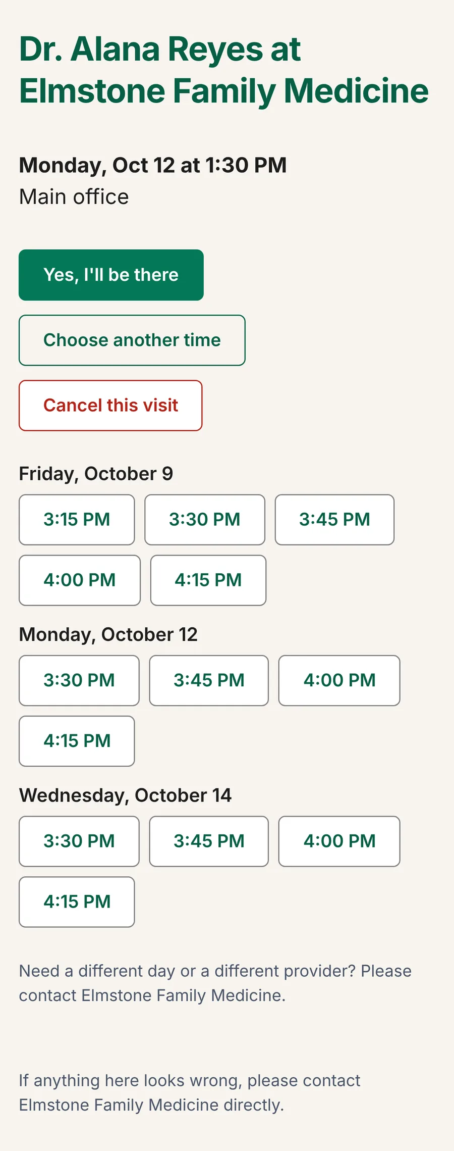 The page for another visit, after the patient presses Choose another time. It lists open times under Friday, October 9, Monday, October 12 and Wednesday, October 14.
